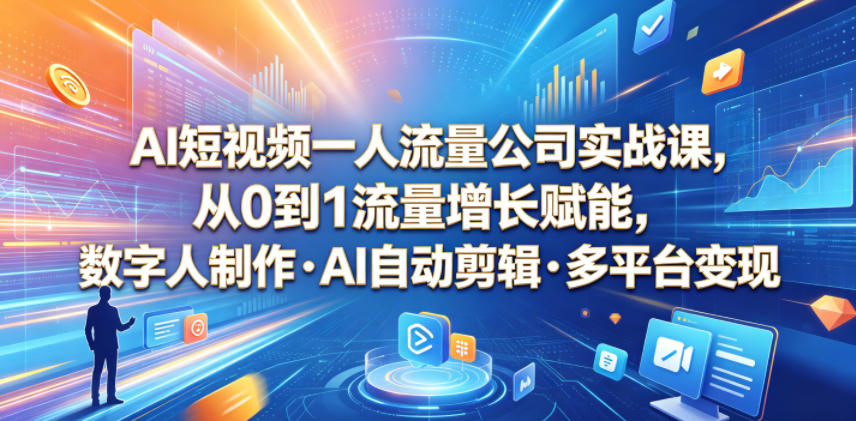 AI短视频一人流量公司实战课，从0到1流量增长赋能，数字人制作・AI自动剪辑・多平台变现，一人做流量生意全落地教程-翌晨科技网