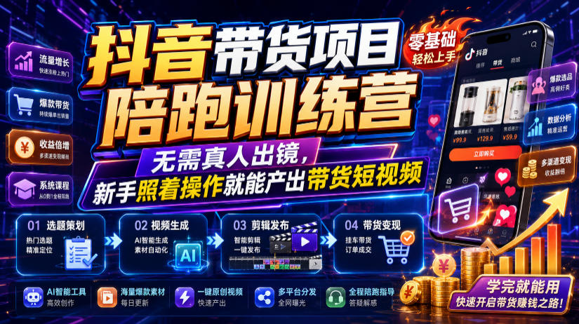 抖音带货项目陪跑训练营，无需真人出镜，新手照着操作就能产出带货短视频-翌晨科技网
