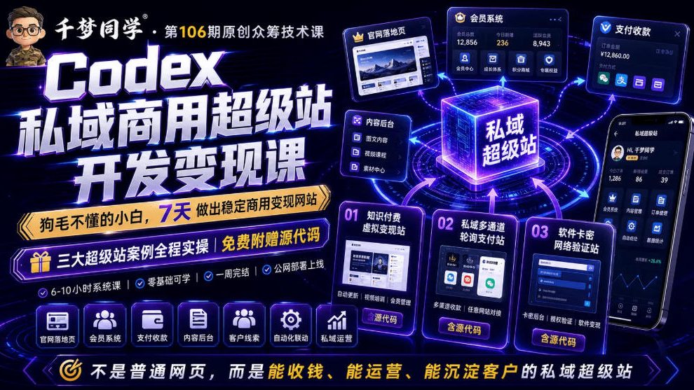 Codex私域商用超级站Ai开发变现课，7天带你从零基础到能自己动手做出能收钱、能运营、能沉淀客户的私域超级站-翌晨科技网