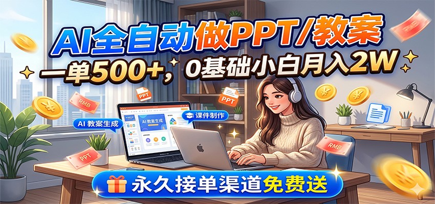 AI全自动做PPT/教案,一单500+,0基础小白月入2W,永久接单渠道免费送-翌晨科技网