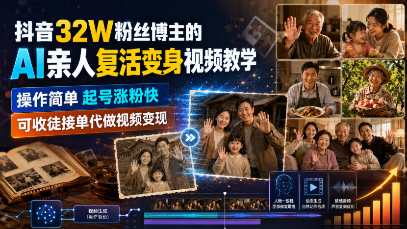抖音32W粉丝博主的AI亲人复活变身视频教学，操作简单，起号涨粉快，可收徒接单代做视频变现-翌晨科技网