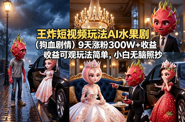 王炸短视频玩法AI水果剧（狗血剧情）9天涨粉300W+收益可观玩法简单，小白无脑照抄，详细拆解玩法-翌晨科技网