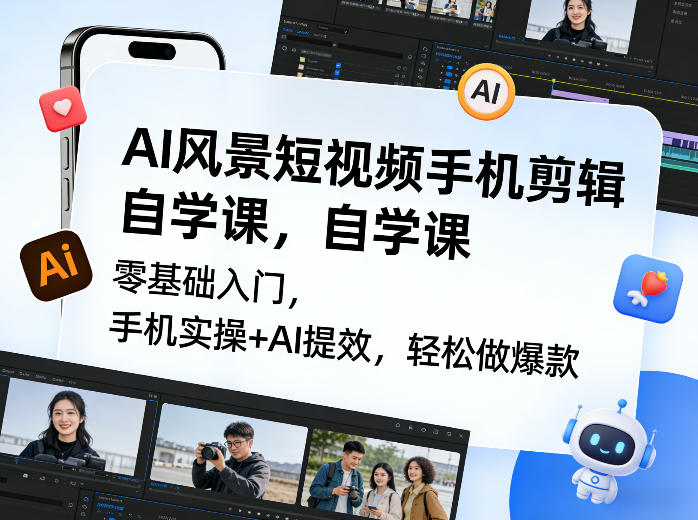 AI风景短视频手机剪辑自学课，零基础入门，手机实操+AI提效，轻松做爆款-翌晨科技网