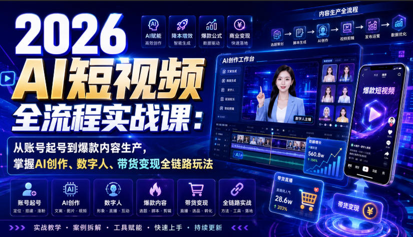 2026 AI短视频全流程实战课：从账号起号到爆款内容生产，掌握AI创作、数字人、带货变现全链路玩法-翌晨科技网
