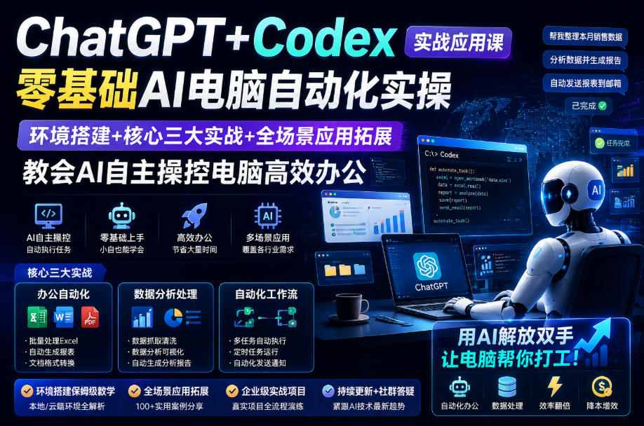 ChatGPT+Codex实战应用课｜零基础AI电脑自动化实操，环境搭建+核心三大实战+全场景应用拓展，教会AI自主操控电脑高效办公-翌晨科技网