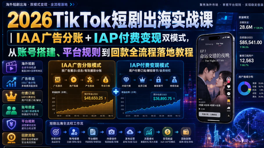 2026TikTok短剧出海实战课｜IAA广告分账+IAP付费变现双模式，从账号搭建、平台规则到回款全流程落地教程-翌晨科技网