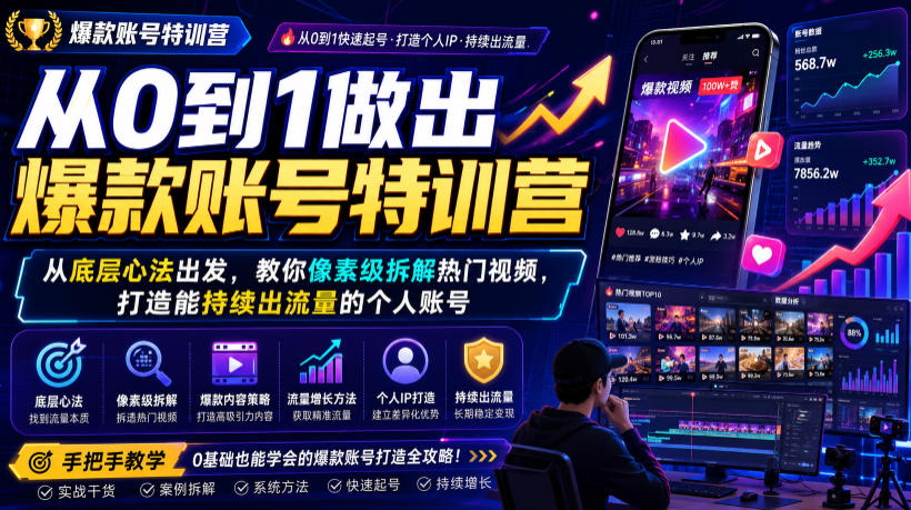 从0到1做出爆款账号特训营，从底层心法出发，教你像素级拆解热门视频，打造能持续出流量的个人账号-翌晨科技网