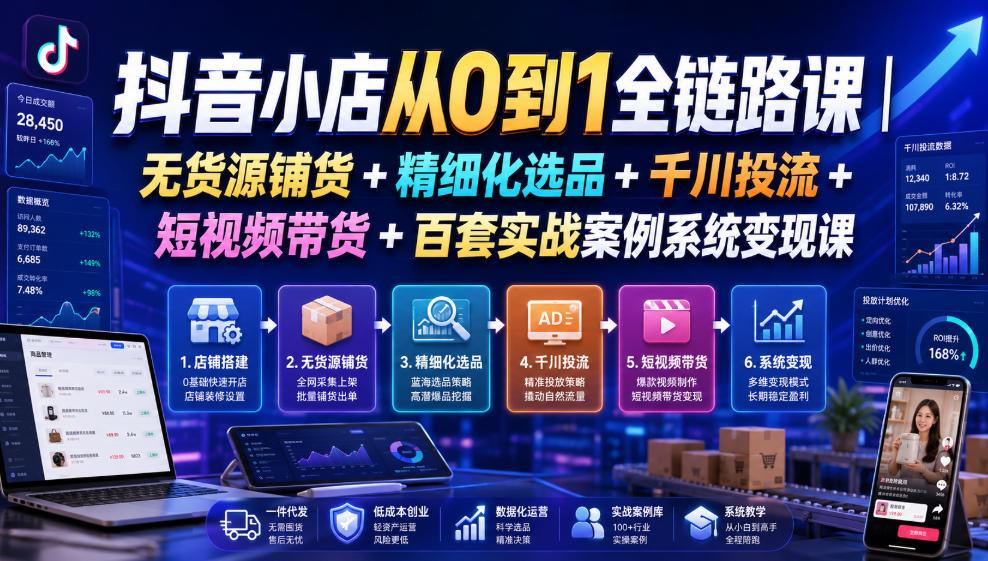 抖音小店从0到1全链路课｜无货源铺货+精细化选品+千川投流+短视频带货+百套实战案例系统变现课（2026年7月更新）-翌晨科技网