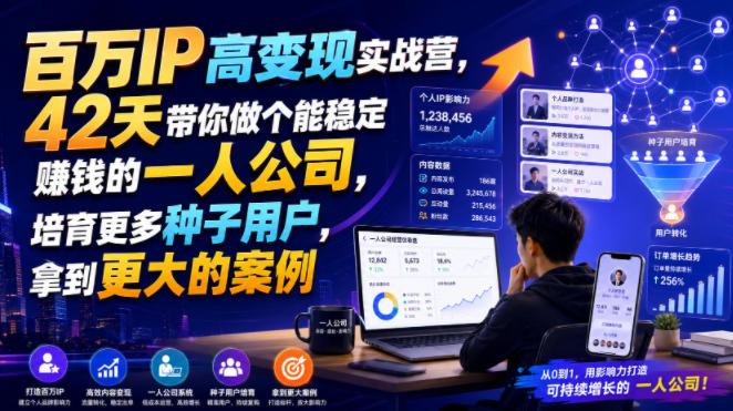 百万IP高变现实战营，42天带你做个能稳定賺钱的一人公司，培育更多种子用户，拿到更大的案例-翌晨科技网