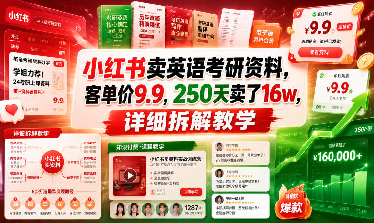 小红书卖英语考研资料，客单价9.9，250天卖了16w，详细拆解教学-翌晨科技网