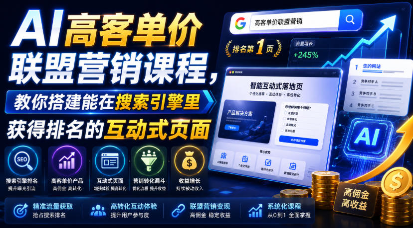 AI高客单价联盟营销课程，教你搭建能在搜索引擎里获得排名的互动式页面，引来流量，把访客转化为高佣金的成交【原创双语字幕】-翌晨科技网