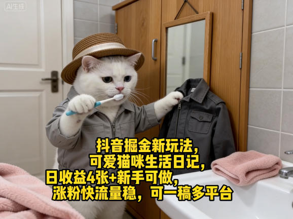 抖音掘金新玩法，可爱猫咪生活日记，日收益4张+新手可做，涨粉快流量稳，可一稿多平台-翌晨科技网