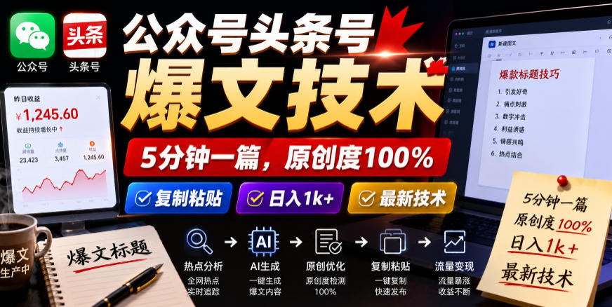 公众号头条号爆文技术，5分钟一篇，原创度100%，复制粘贴，日入1k+，最新技术【揭秘】-翌晨科技网