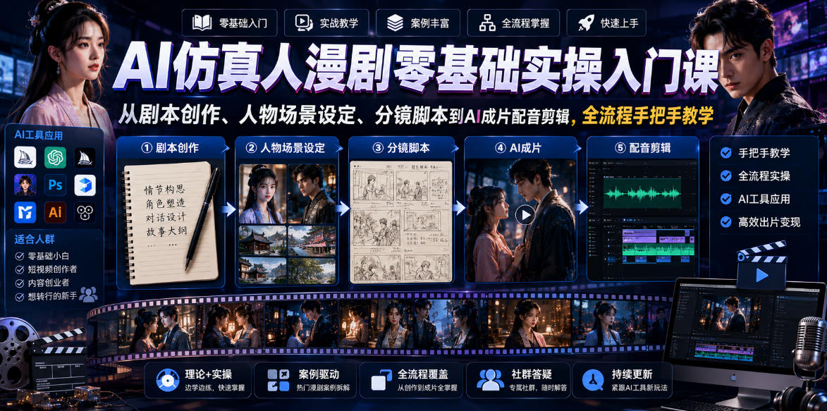AI仿真人漫剧零基础实操入门课，从剧本创作、人物场景设定、分镜脚本到AI成片配音剪辑，全流程手把手教学-翌晨科技网