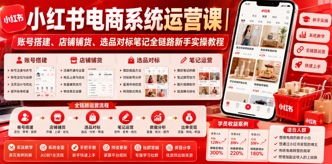小红书电商系统运营课｜账号搭建、店铺铺货、选品对标笔记全链路新手实操教程-翌晨科技网