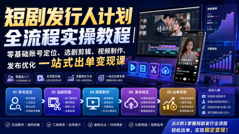 短剧发行人计划全流程实操教程｜零基础账号定位、选剧剪辑、视频制作、发布优化一站式出单变现课​-翌晨科技网