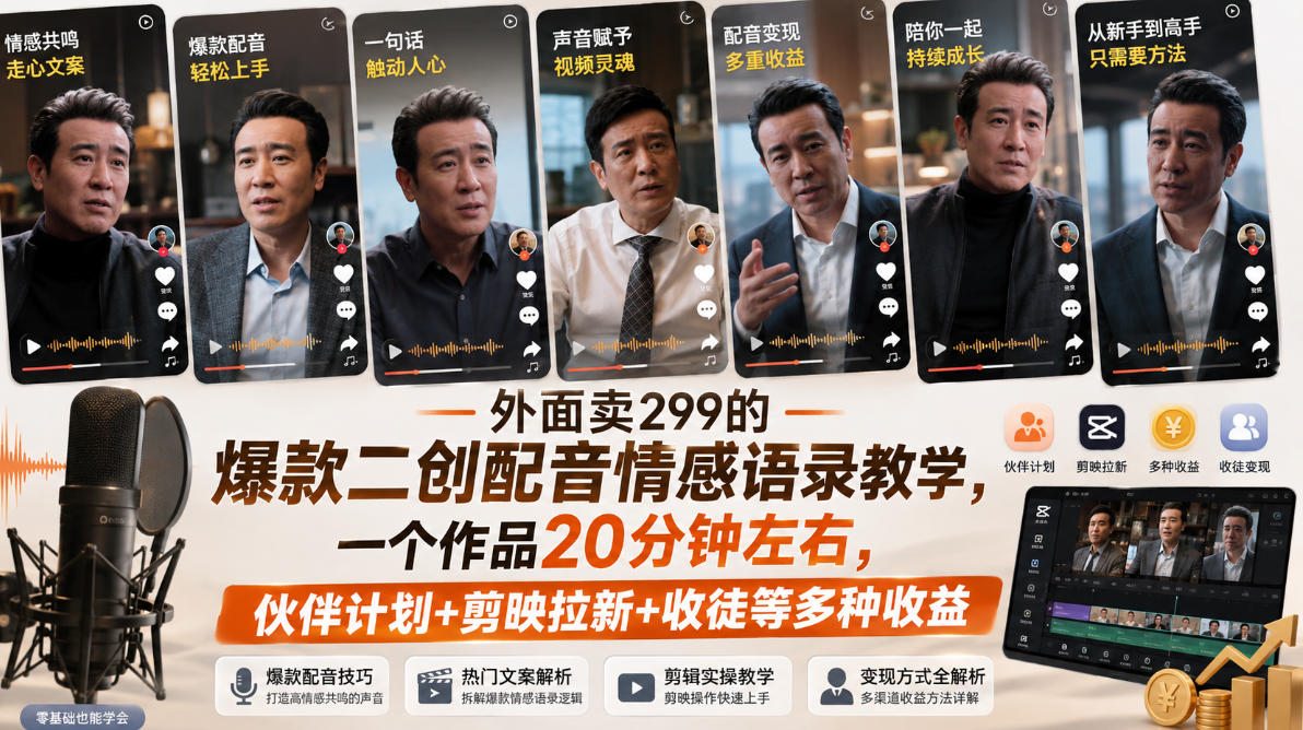 外面卖299的爆款二创配音情感语录教学，一个作品20分钟左右，伙伴计划+剪映拉新+收徒等多种收益-翌晨科技网