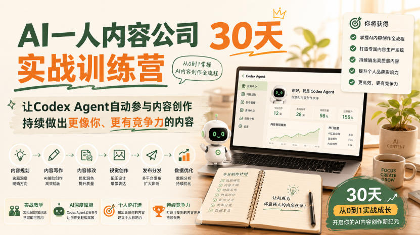 AI一人内容公司30天实战训练营，让Codex Agent自动参与内容创作持续做出更像你、更有竞争力的内容-翌晨科技网