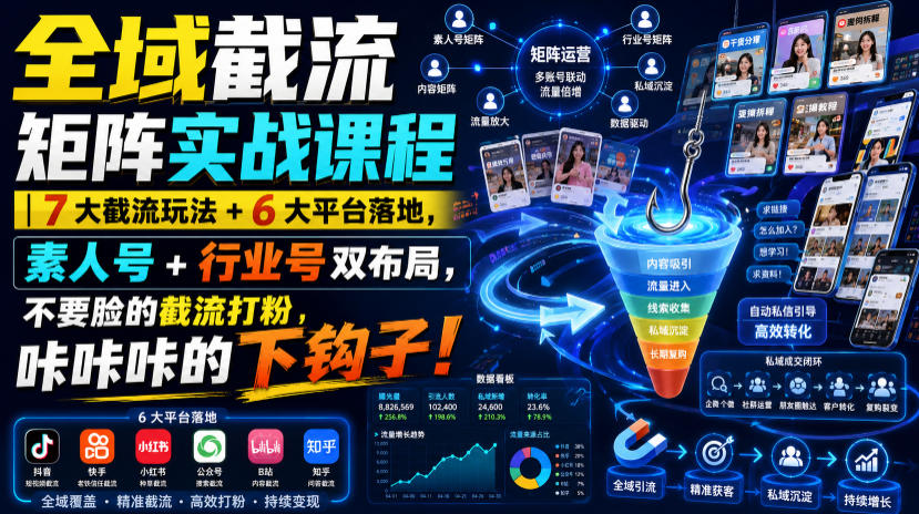全域截流矩阵实战课程｜7大截流玩法+6大平台落地，素人号+行业号双布局，不要脸的截流打粉，咔咔咔的下钩子！-翌晨科技网