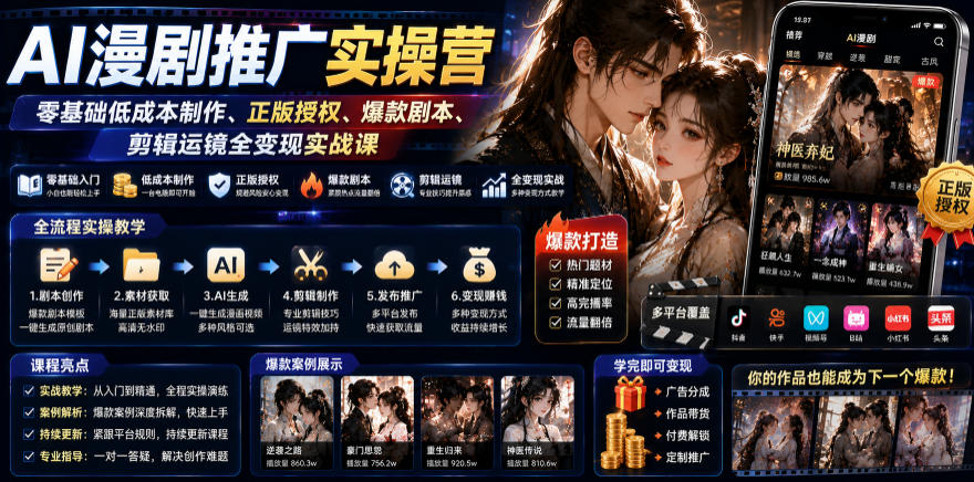 AI漫剧推广实操营｜零基础低成本制作、正版授权、爆款剧本、剪辑运镜全变现实战课-翌晨科技网