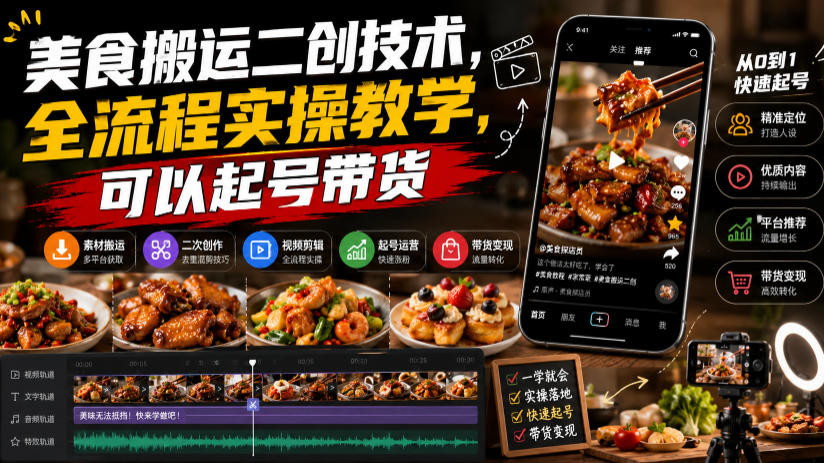 美食搬运二创技术,全流程实操教学,可以起号带货-翌晨科技网