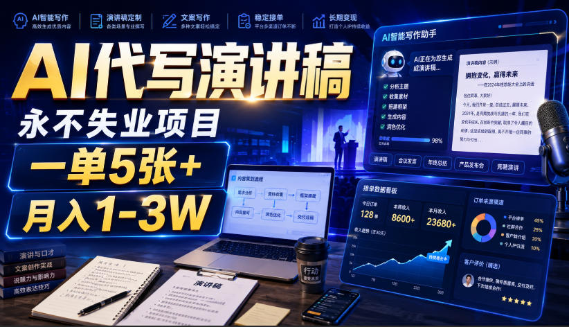 AI代写演讲稿，永不失业项目，一单5张+，月入1-3W【揭秘】-翌晨科技网