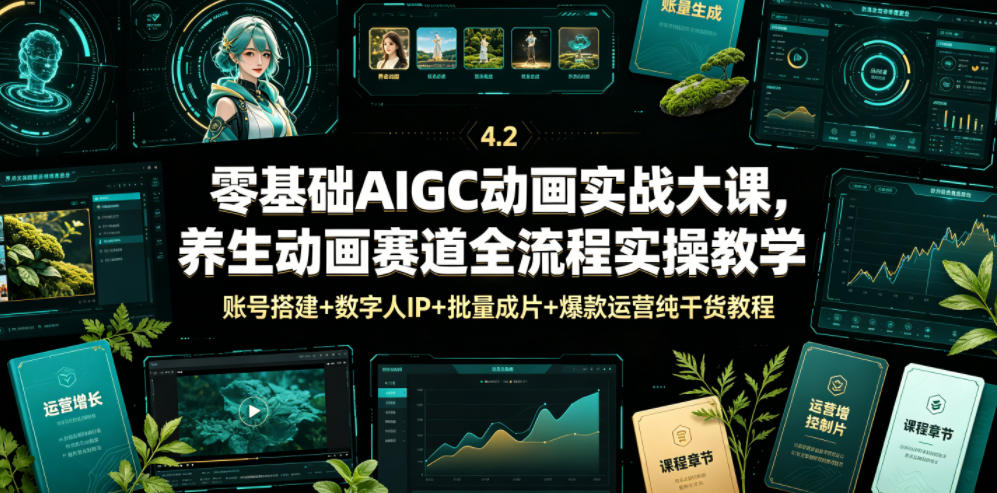 零基础AIGC动画实战大课，养生动画赛道全流程实操教学，账号搭建+数字人IP+批量成片+爆款运营纯干货教程-翌晨科技网