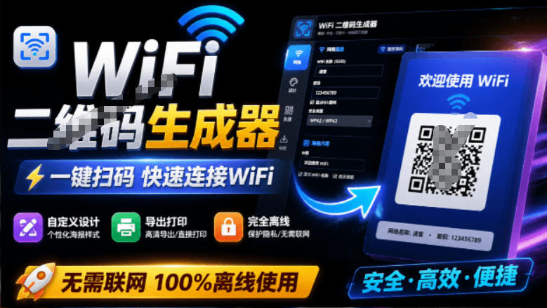 完全离线使用！WiFi二维码生成器，一键扫码快速连接WiFi，支持自定义风格导出WiFi二维码生成器-翌晨科技网