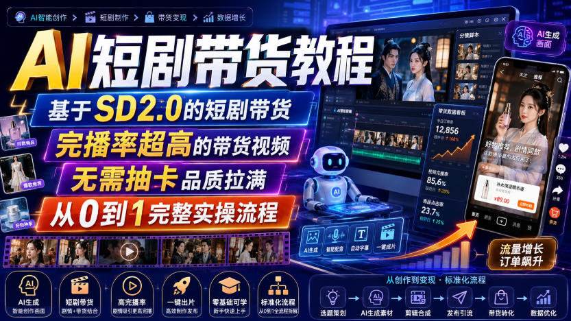 AI短剧带货教程，基于SD2.0的短剧带货，完播率超高的带货视频，无需抽卡品质拉满，从0到1完整实操流程-翌晨科技网