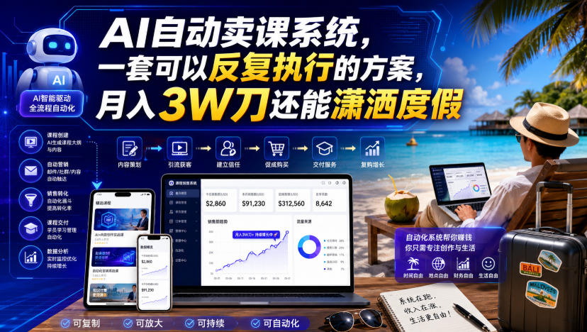 AI自动卖课系统，一套可以反复执行的方案，月入3W刀还能潇洒度假【原创双语字幕】-翌晨科技网