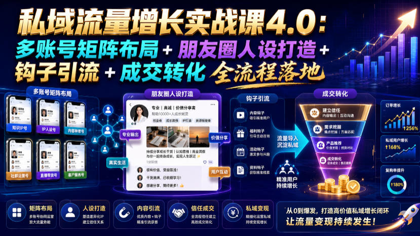 私域流量增长实战课4.0：多账号矩阵布局+朋友圈人设打造+钩子引流+成交转化全流程落地-翌晨科技网