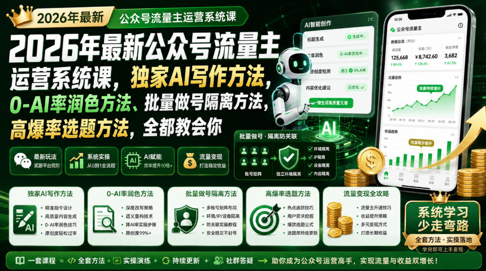 2026年最新公众号流量主运营系统课，独家AI写作方法，0-AI率润色方法、批量做号隔离方法、高爆率选题方法，全都教会你-翌晨科技网