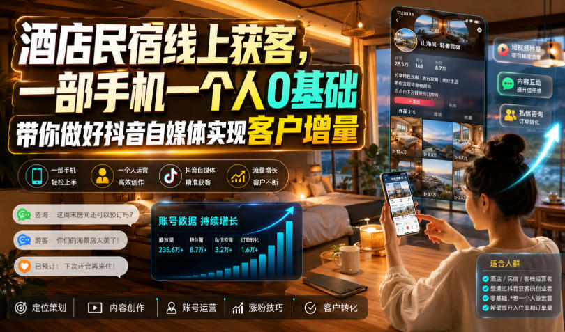 酒店民宿线上获客，一部手机一个人0基础带你做好抖音自媒体实现客户增量-翌晨科技网