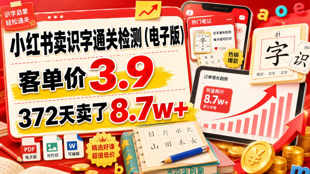 小红书卖识字通关检测（电子版），客单价3.9，372天卖了8.7w+-翌晨科技网