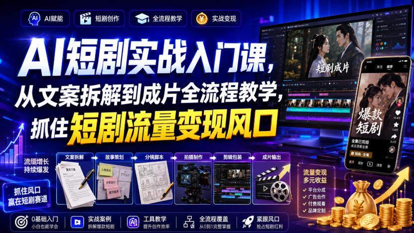 AI短剧实战入门课，从文案拆解到成片全流程教学，抓住短剧流量变现风口-翌晨科技网