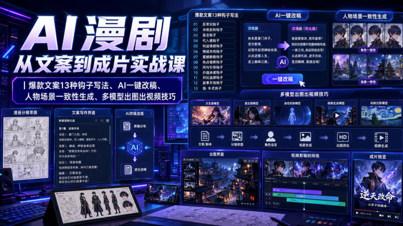 AI漫剧从文案到成片实战课｜爆款文案13种钩子写法、AI一键改稿、人物场景一致性生成、多模型出图出视频技巧-翌晨科技网