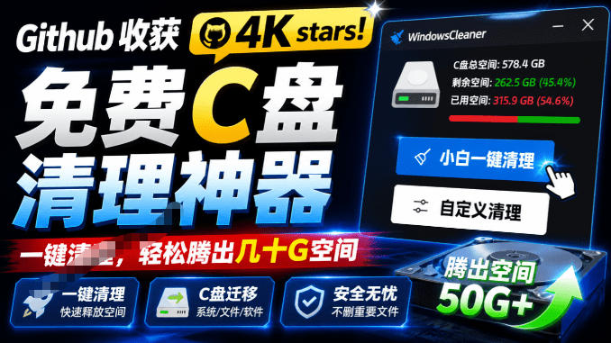 Github收获4K stars！免费C盘清理神器，轻松腾出几十G空间，支持C盘迁移Windows Cleaner-翌晨科技网