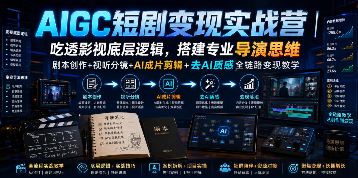 AIGC短剧变现实战营｜吃透影视底层逻辑，搭建专业导演思维，剧本创作+视听分镜+AI成片剪辑+去AI质感全链路变现教学-翌晨科技网