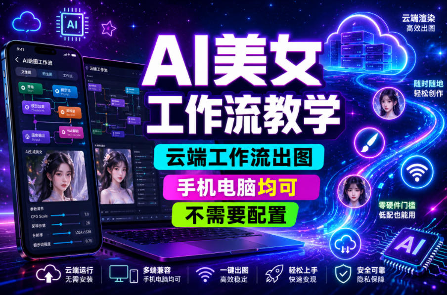 AI美女工作流教学，云端工作流出图，手机电脑均可，不需要配置，快速起号涨粉-翌晨科技网