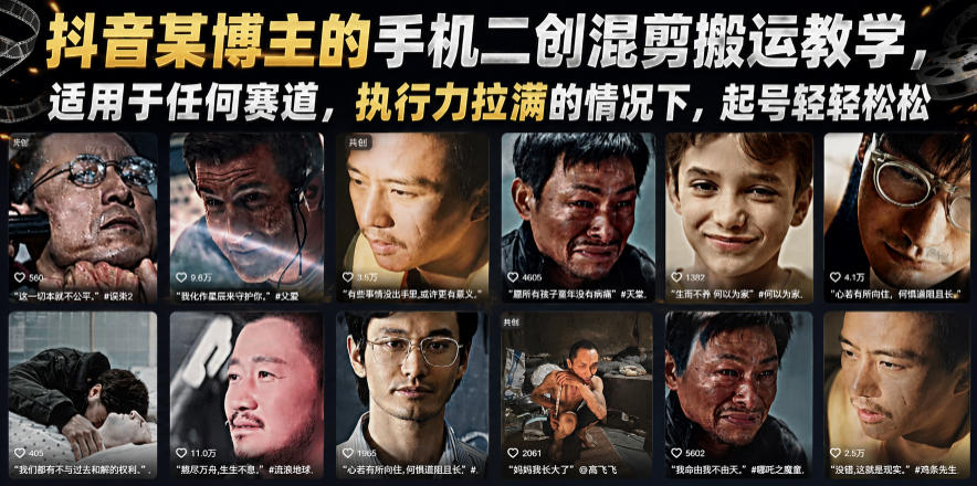 抖音某博主的手机二创混剪搬运教学，适用于任何赛道，执行力拉满的情况下，起号轻轻松松-翌晨科技网