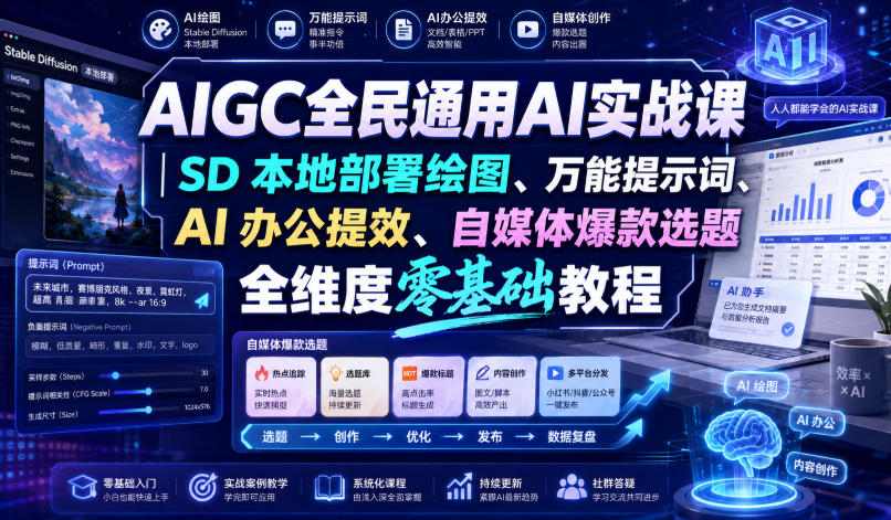 AIGC全民通用AI实战课｜SD本地部署绘图、万能提示词、AI办公提效、自媒体爆款选题全维度零基础教程-翌晨科技网