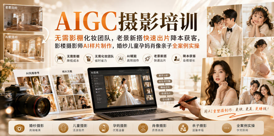 AIGC摄影培训｜无需影棚化妆团队，老景新搭快速出片降本获客，影楼摄影师AI样片制作，婚纱儿童孕妈肖像亲子全案例实操-翌晨科技网