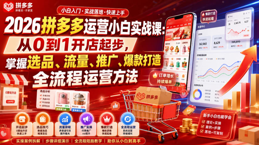 2026拼多多运营小白实战课：从0到1开店起步，掌握选品、流量、推广、爆款打造全流程运营方法-翌晨科技网