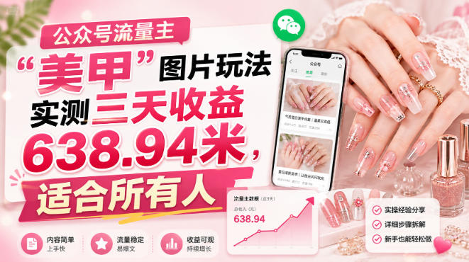 公众号流量主”美甲”图片玩法实测三天收益638.94米，适合所有人-翌晨科技网
