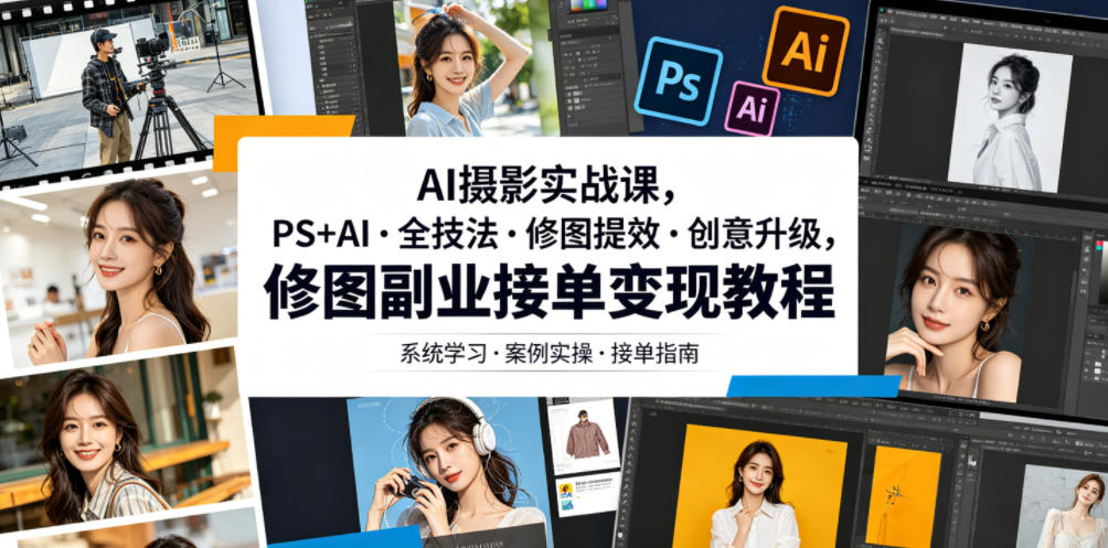 AI摄影实战课，PS+AI・全技法・修图提效・创意升级，修图副业接单变现教程-翌晨科技网
