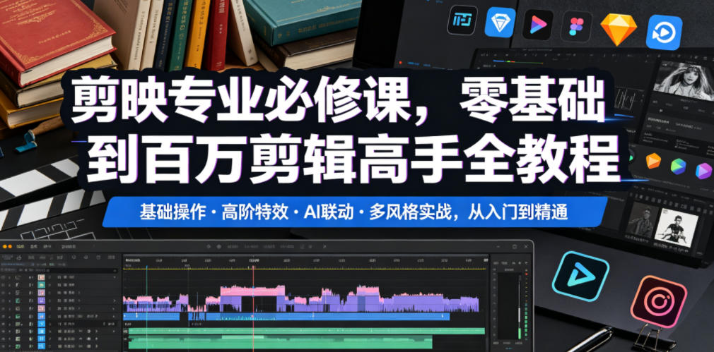 剪映专业必修课，零基础到百万剪辑高手全教程，基础操作・高阶特效・AI联动・多风格实战，从入门到精通-翌晨科技网