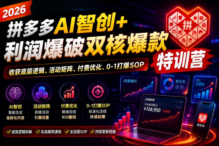 2026拼多多AI智创+利润爆破双核爆款特训营，收获底层逻辑、活动矩阵、付费优化、0-1打爆SOP-翌晨科技网