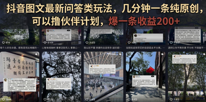 抖音图文最新问答类玩法，几分钟一条纯原创，可以撸伙伴计划，爆一条收益200+-翌晨科技网