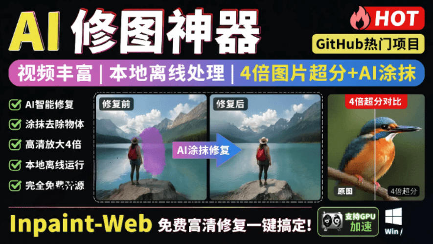 本地离线处理，4倍图片超分+AI涂抹去水印！Github上热门神器，免费高清修复图一键搞定！Inpaint-Web-翌晨科技网