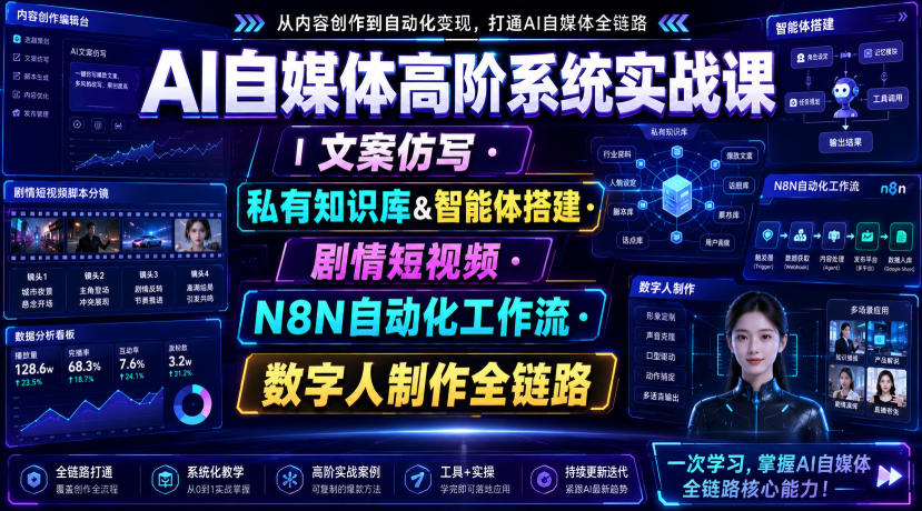 AI自媒体高阶系统实战课｜文案仿写・私有知识库&智能体搭建・剧情短视频・N8N自动化工作流・数字人制作全链路-翌晨科技网